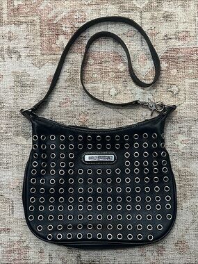 Woman’s Black Leather Harley Davidson Silver Metal Hole Stud Purse